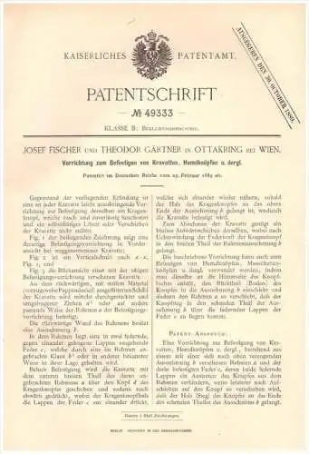 Original Patentschrift - Theodor Gärtner in Ottakring b. Wien , 1889 , Krawatten - Befestigung , Krawatte , Schlips !!!