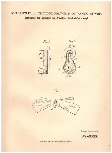 Original Patentschrift - Theodor Gärtner in Ottakring b. Wien , 1889 , Krawatten - Befestigung , Krawatte , Schlips !!!