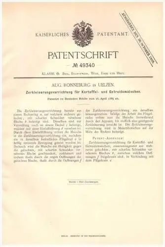 Original Patentschrift - Aug. Ronneburg in Uelzen , 1889 , Apparat für Kartoffelmaische , Bier , Alkohol , Brauerei !!!