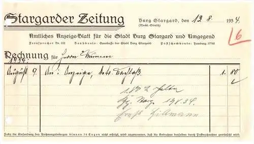 uralte Rechnung 1934 - Stargarder Zeitung in Burg Stargard , Anzeige - Blatt , Hillmann , Mecklenburg !!!