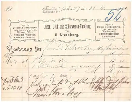 uralte Rechnung 1910 - R. Sternberg in Friedland , Uhren - Gold - Silber , Juwelier , Mecklenburg !!!