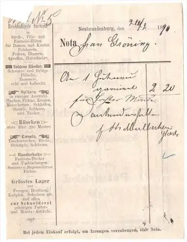 uralte Rechnung 1894 - Specialgeschäft Th. Müllerheim in Neubrandenburg , Seide , Putzartikel , Mecklenburg !!