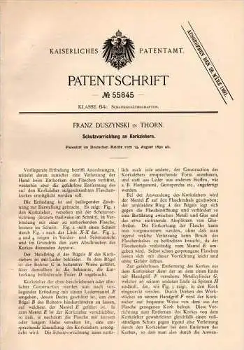 Original Patentschrift - F. Duszynski Thorn / Torun , 1890 , Schutz für Korkenzieher , corkscrew , tire-bouchon !!!