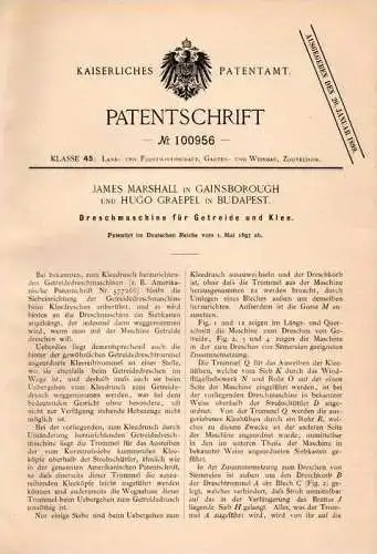 Original Patentschrift - J. Marshall in Gainsborough , 1897 , Machine for threshing grain and clover , agriculture !!