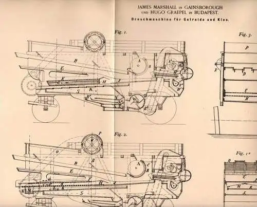 Original Patentschrift - J. Marshall in Gainsborough , 1897 , Machine for threshing grain and clover , agriculture !!