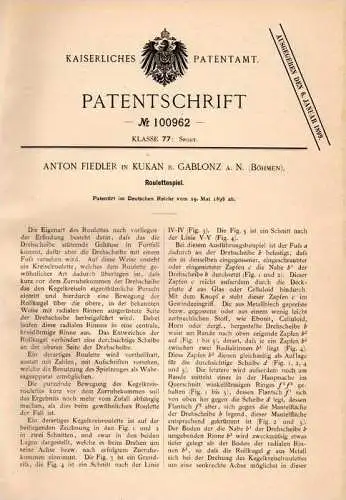 Original Patentschrift - A. Fiedler in Kukan / Kokonin b. Gablonz , 1898 , Roulette , Kreisel - Roulette , Casino !!!