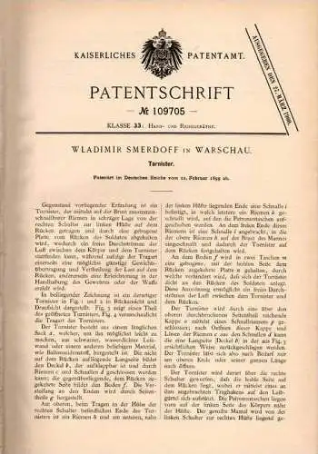 Original Patentschrift - Tornister für Soldaten , 1899 , W. Smerdoff in Warschau , Soldat , Affe !!!