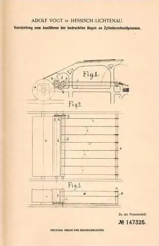 Original Patentschrift - Adolf Vogt in Hessisch Lichtenau , 1903 , bedruckte Bogen an Zylinderschnellpressen , Presse !!