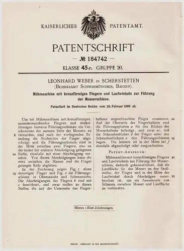 Original Patentschrift - L. Weber in Scherstetten , Bayern , 1906 , Mähmaschine , Landwirtschaft , Stauden !!!