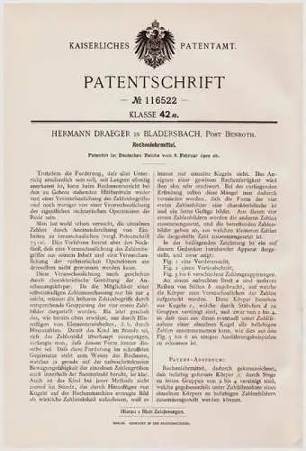 Original Patentschrift -H. Draeger in Bladersbach / Waldbröhl , Post ,1900, Lehrmittel , Mathematik , Nümbrecht , Schule