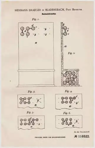 Original Patentschrift -H. Draeger in Bladersbach / Waldbröhl , Post ,1900, Lehrmittel , Mathematik , Nümbrecht , Schule