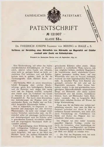 Original Patentschrift - Dr. Friedrich J. Freiherr von Mering in Halle a.S.,1899, Nährmittel aus Milch und Eidotter !!!