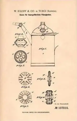 Original Patentschrift - W. Egloff & Co. in Turgi , 1899 , Kanister , Benzinkanister , Kanne für brennbare Flüssigkeiten