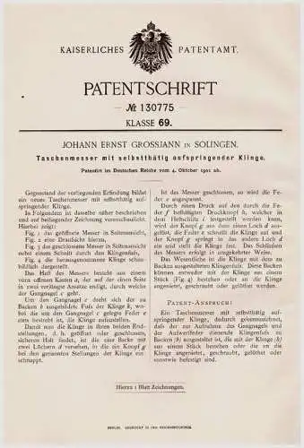 Original Patentschrift - J. Grossjahn in Solingen ,1901, Messer mit aufspringender Klinge , Sprungmesser , Taschenmesser