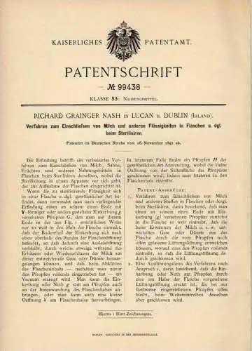 Original Patentschrift - R. Nash in Lucan b. Dublin , 1897 , Milch - Verschluss für Flaschen , Molkerei !!!