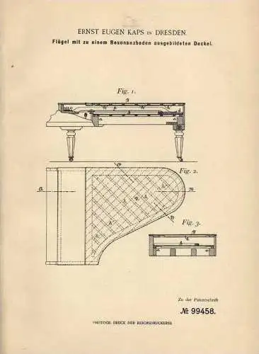 Original Patentschrift - Flügel mit Resonanzboden , 1898 , E. Kaps in Dresden , Piano , Klavier !!!