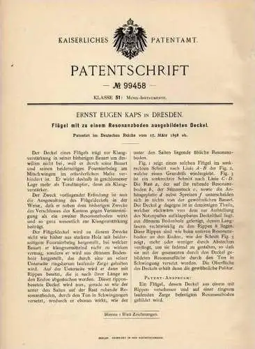 Original Patentschrift - Flügel mit Resonanzboden , 1898 , E. Kaps in Dresden , Piano , Klavier !!!