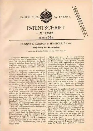 Original Patentschrift - G. Kahlson in Högfors , Finnland , 1900 , Dampfheizung , Heizung !!!