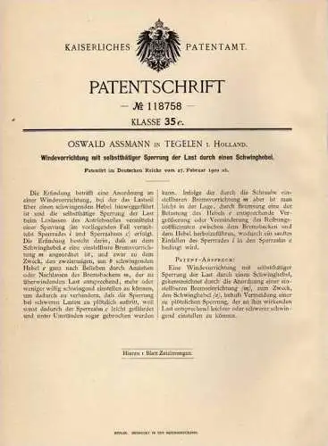 Original Patentschrift - O. Assmann in Tegelen , 1900 , Winde mit Sperrung !!!