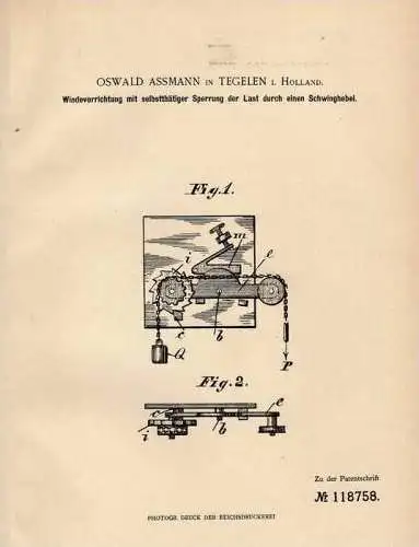 Original Patentschrift - O. Assmann in Tegelen , 1900 , Winde mit Sperrung !!!