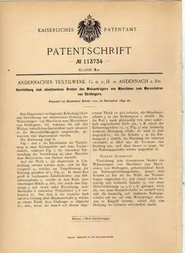 Original Patentschrift - Textilwerk GmbH in Andernach a.Rh., 1899 , Mercerisieren von Garn , Strähngarn , Textilien !!!