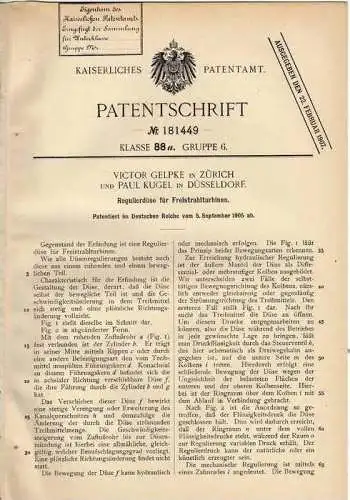 Original Patentschrift - V. Gelpke in Zürich und Düsseldorf , 1905 , Düse für Feinstrahlturbine , Turbine !!!