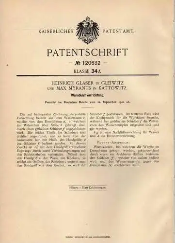 Original Patentschrift - H. Glaser in Gleiwitz und Kattowitz , 1900 , Kocher für Wurst , Würstchen , Bockwurst !!!