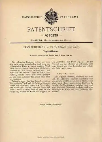 Original Patentschrift - H. Fuhrmann in Patschkau / Paczków i. Schl., 1894 , Teppich - Klammer !!!