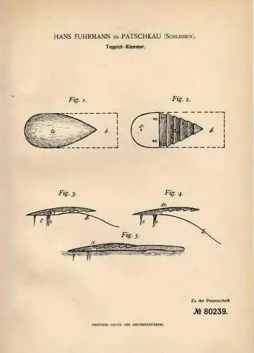 Original Patentschrift - H. Fuhrmann in Patschkau / Paczków i. Schl., 1894 , Teppich - Klammer !!!