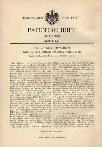 Original Patentschrift - Fe. Rau in Pforzheim , 1900 , Spazierstock , Krückstock , Wandern !!!