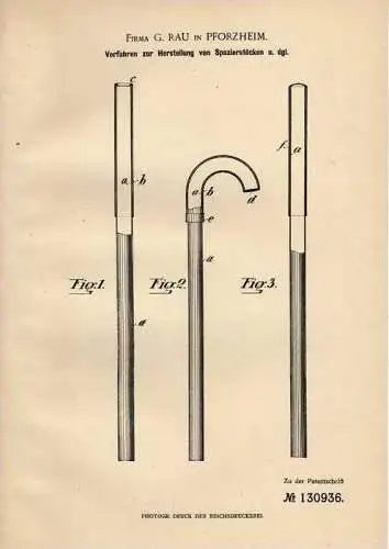 Original Patentschrift - Fe. Rau in Pforzheim , 1900 , Spazierstock , Krückstock , Wandern !!!