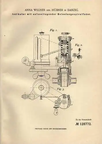 Original Patentschrift - A. Willner in Danzig , 1901 , Indikator mit Spiralfeder !!!