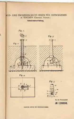 Original Patentschrift - Jagd - und Fischerei Verein in Teschen / Cieszyn , 1901 , Selbstschußvorrichtung , Jagd !!