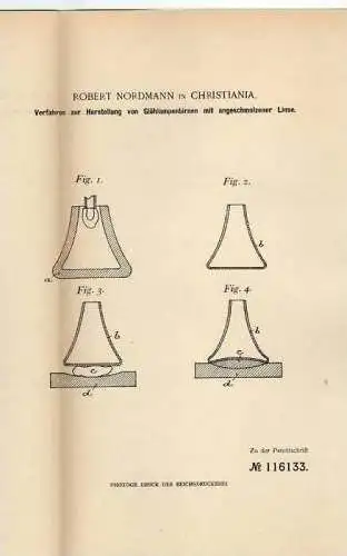 Original Patentschrift - Herstellung von Glühlampen , 1898, R. Nordmann in Christiania , Lampen !!!