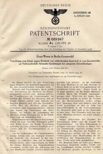 Original Patentschrift - E. Weese in Berlin - Grunewald , 1934 , Rückschlagschutz für autogenes Schweißgerät !!!