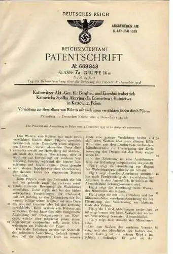 Original Patentschrift - Bergbau AG in Kattowitz , Polen , 1934 , Herstellung von Rohren !!!