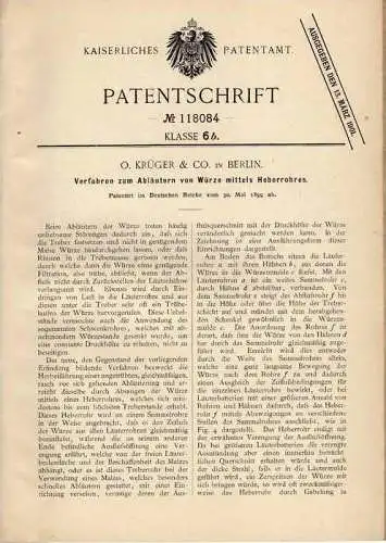 Original Patentschrift - O. Krüger & Co in Berlin , 1899 , Brauerei , Bier , Wein , Abläutern von Würze !!!