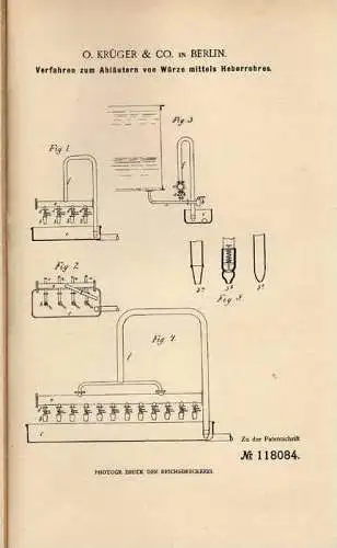 Original Patentschrift - O. Krüger & Co in Berlin , 1899 , Brauerei , Bier , Wein , Abläutern von Würze !!!