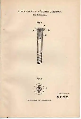 Original Patentschrift - H. Schott in München-Gladbach , 1900, Sicherheitsschraube , MAschinenbau , Metallbau !!!