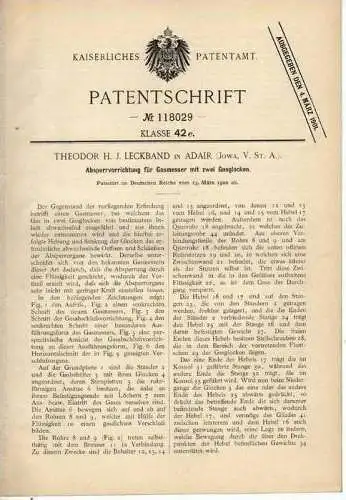 Original Patentschrift - Gasmesser , Gasuhr , 1900 , T. Leckband in Adair , Jowa , USA , Gaswerk  !!!