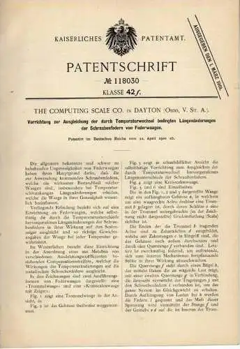 Original Patentschrift - Federwaage , Waage , 1900 , The Computing Co. in Dayton , Ohio , USA !!!