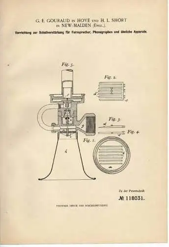 Original Patentschrift -  Schallverstärker für Phonograph , Telephon , 1899 , G. Gouraud in Hove und New Malden England
