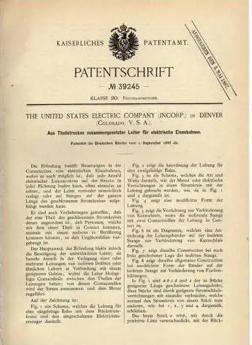 Original Patentschrift - elektrische Eisenbahn , 1886 , Electric Company in Denver , USA  !!!