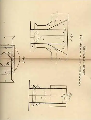 Original Patentschrift - J. Pariset in Belfort , 1886 , Ventilation für Eisenbahn !!!