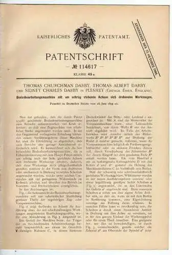 Original Patentschrift - Bodenbearbeitungsmaschine , Landwirtschaft , Agrar 1899 , Darby in Pleshey , Essex , England !!