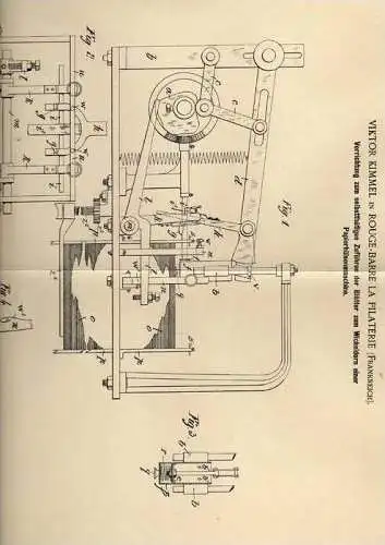 Original Patentschrift - V. Kimmel in Rouge Barre La Pilaterie ,1901, Papierhülsenmaschine  !!!