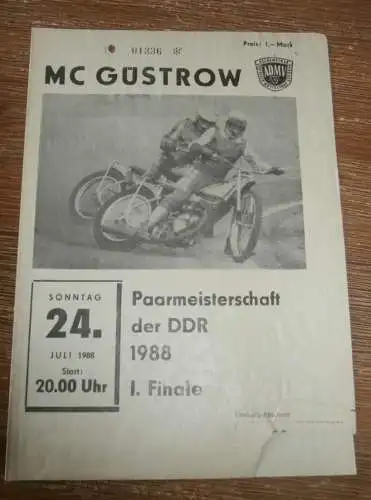 Speedway Güstrow 24.07.1988  , Finale DDR Paarmeisterschaft , Programm , Rennprogramm !!!