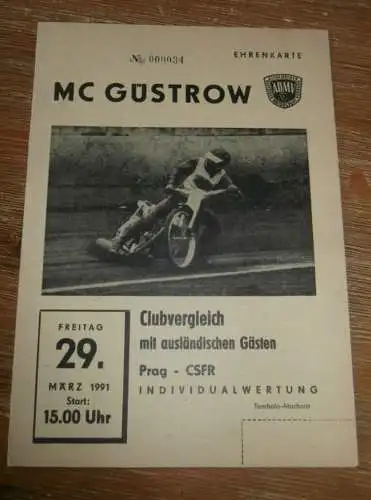 Speedway Güstrow 29.03.1991 , Prag , Programm , Rennprogramm !!!