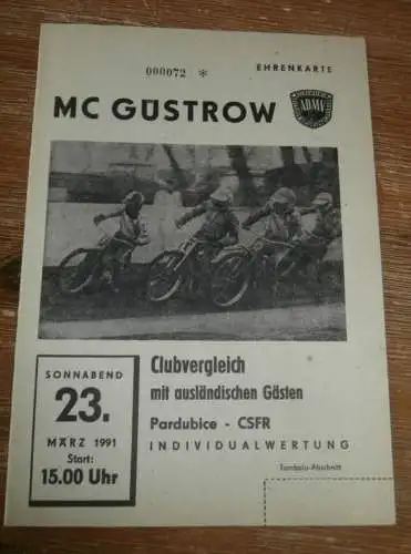 Speedway Güstrow 23.03.1991 , Pardubice , Programm , Rennprogramm !!!