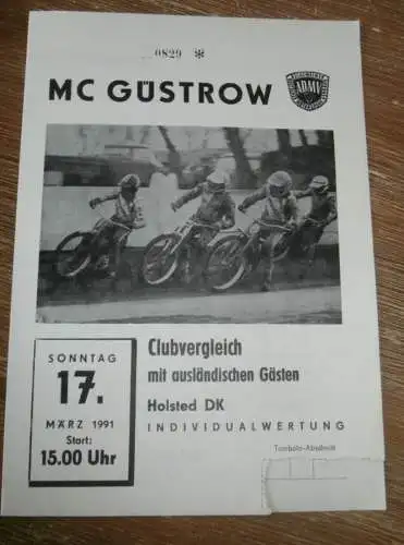 Speedway Güstrow 17.03.1991 , Holsted Dänemark , Programm , Rennprogramm !!!